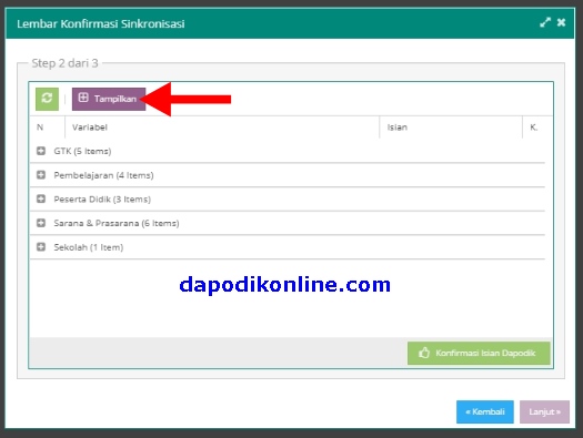 Klik tombol Tampilkan pada lembar sinkronisasi dapodik step 2 a