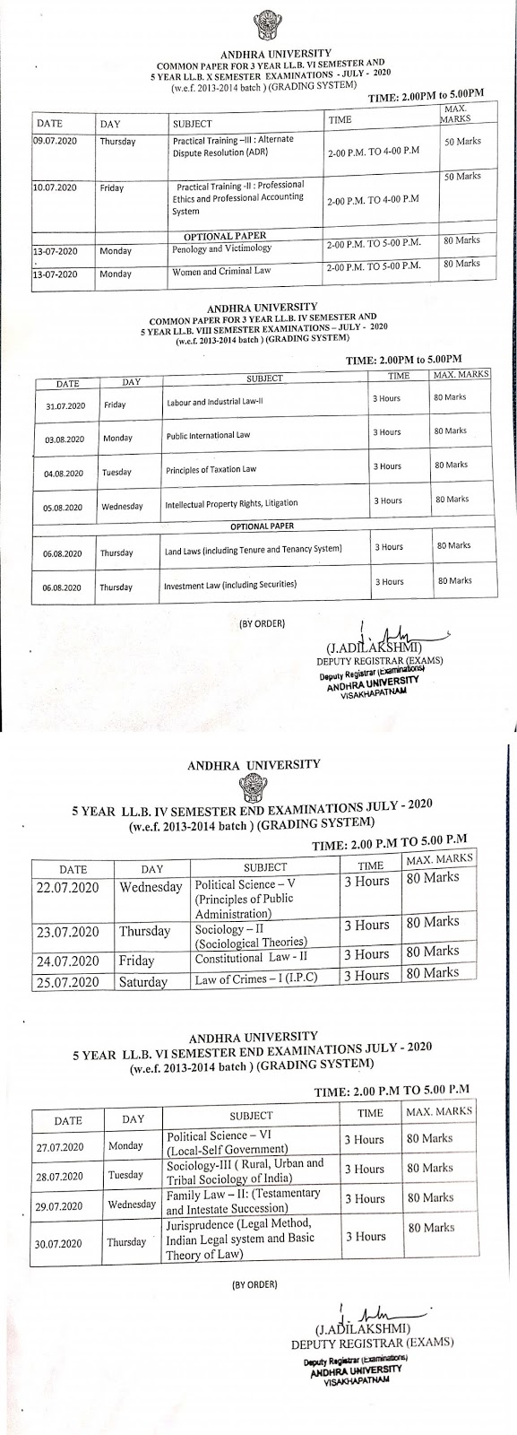 andhra university llb 3rd & 5th year even sem july 2020 exam time table