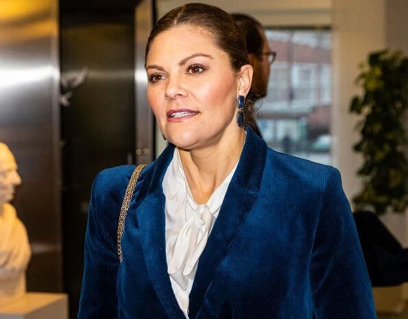 Crown Princess Victoria wore Dagmar Tuva cord blazer, Ebba Brahe Duchess earrings, Gianvito Rossi Levy ankle boots, Valentino bag