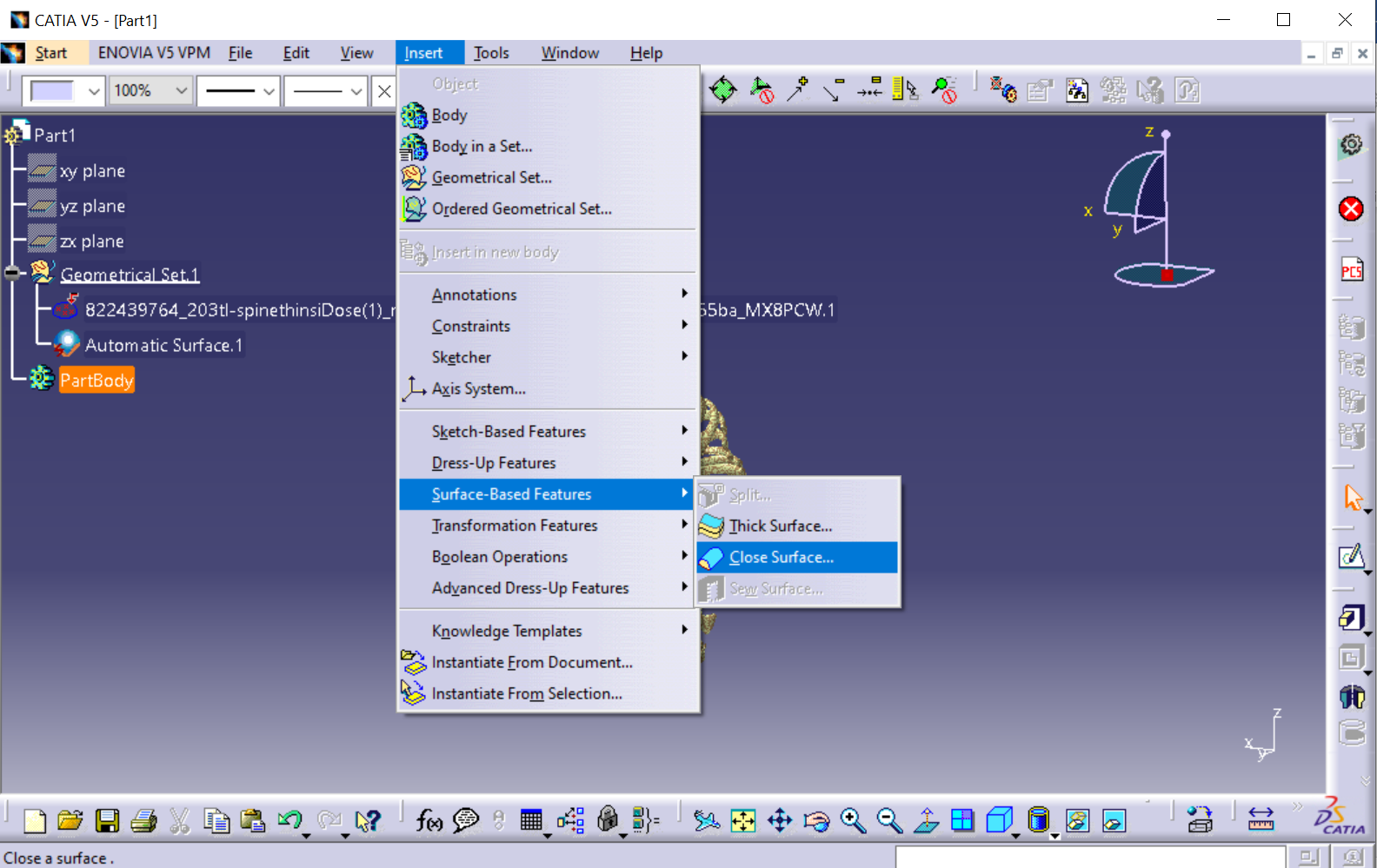 Closing the surface after reconstruction in CATIA V5