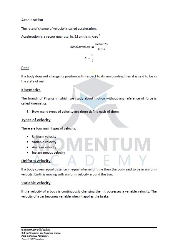 Matric Physics Chapter No 03 Kinematics Of Linear Motion Momentum