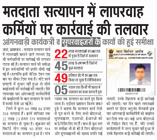 मतदाता सत्यापन में लापरवाह कर्मियों पर कार्रवाई की लटकी तलवार मतदाता सत्यापन में लापरवाह कर्मियों पर कार्रवाई की लटकी तलवार