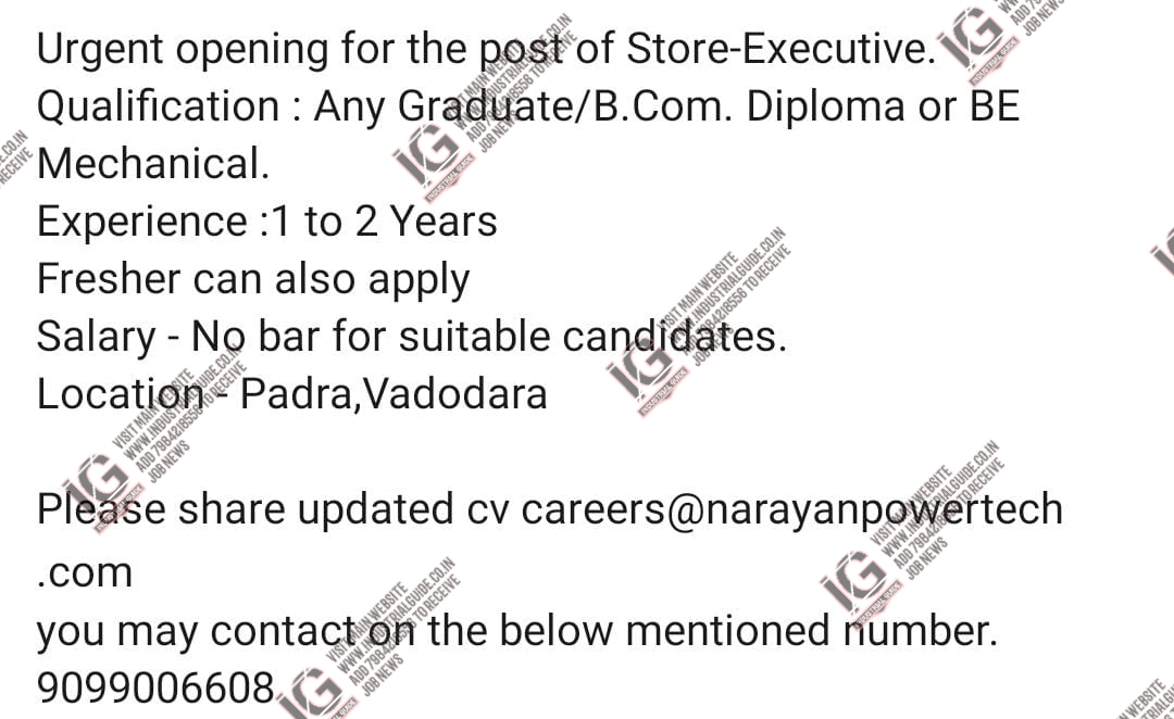 Narayan Powertech Vadodara jobs for Store Executive apply now