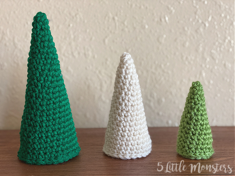 5 Little Monsters Crocheted Cone Christmas Trees