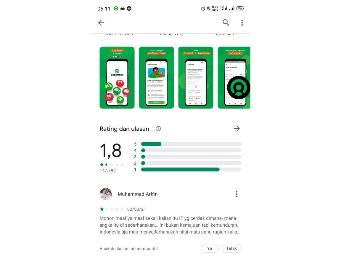 Level Gopartner Awards Berujung Rating Di Playstore Anjlok 1 8 Uang Ojol