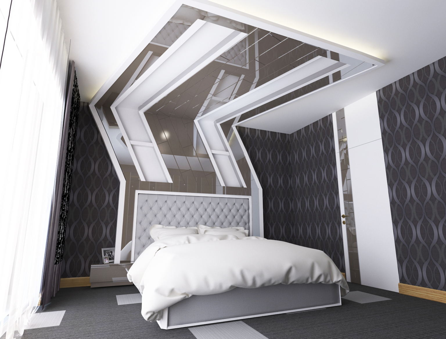 Zamansiz Tasarimlar Kapitone Lake Yatak Basi Bronz Tugla Ayna Kaplamali Yatak Odasi Calismasi