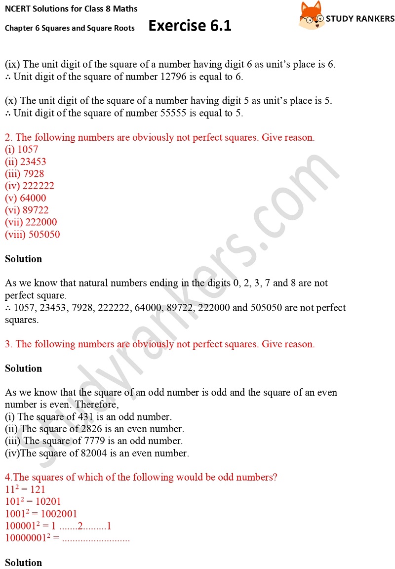 NCERT Solutions for Class 8 Maths Ch 6 Squares and Square Roots Exercise 6.1 2