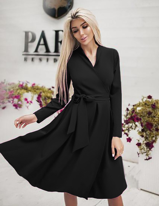 Rochie peste genunchi eleganta pentru tinute de zi cu maneci lungi