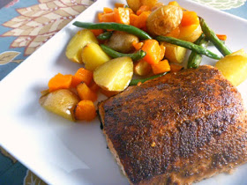 Chili Lime Salmon with Roasted Vegetables: Crispy fish on the outside and juicy and succulent on the inside, served along the BEST combination of roasted veggies!  Slice of Southern