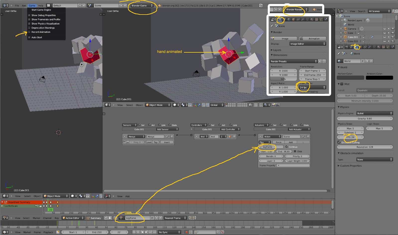 loran keyframe and rigid bodies in Blender