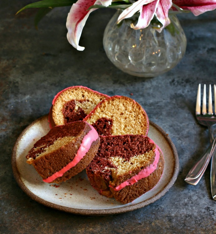 Hungry Couple Red Velvet Swirl Bundt Cake with White Chocolate Ganache