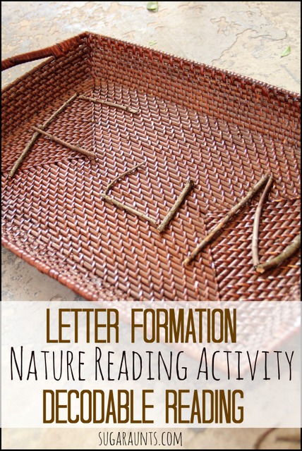 Forming letters and words with sticks-great for a new reader! Work on letter formation and decodable reading using nature. From Sugar Aunts