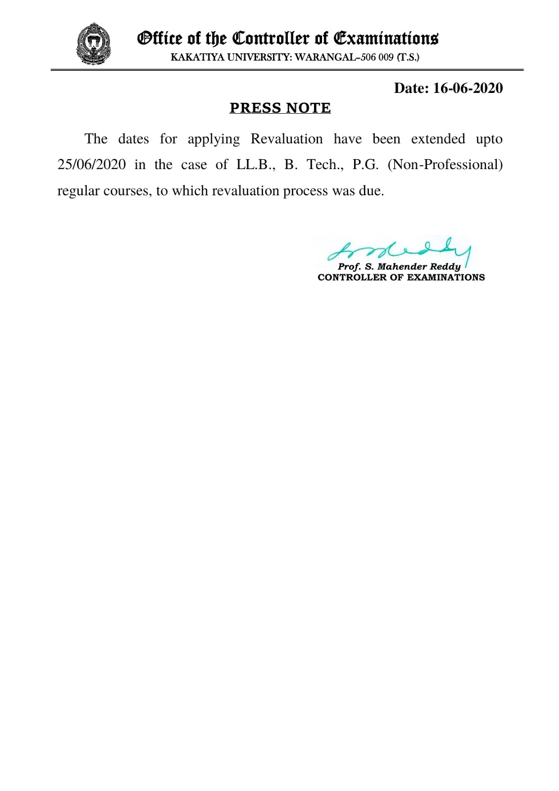 kakatiya university llb, btech & pg june 2020 rv apply extended date notification