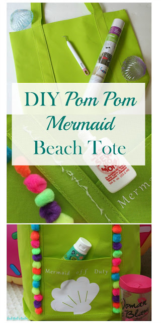 Want a cute tote bag for the pool or beach? Turn a plain Dollar store bag into a bright mermaid tote with pom poms using your Cricut!