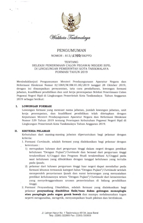 Lowongan Kerja Lowongan D3 D4 S1 S2 Cpns Kota Tasikmalaya Tahun 2019