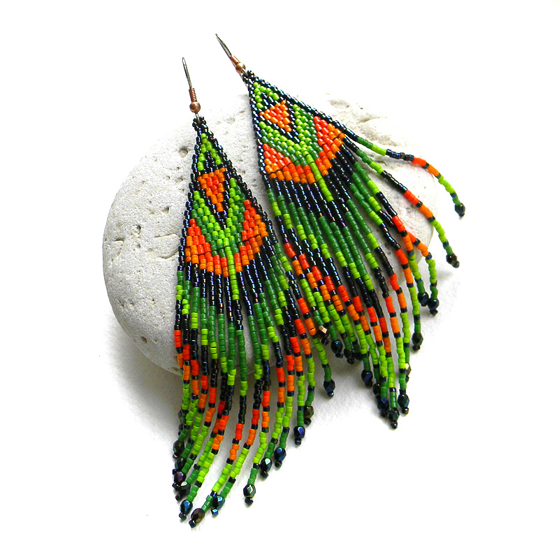 Colorful beaded earrings - ethnic style beadwork jewelry long dangle earrings - tropical earrings