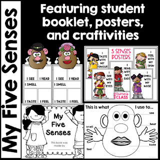 Five Senses learning ideas and fun activities with resources for teaching the 5 senses in Kindergarten- love the Potato Head craftivity! #fivesenses #5senses #kindergarten #kindergartenscience #science