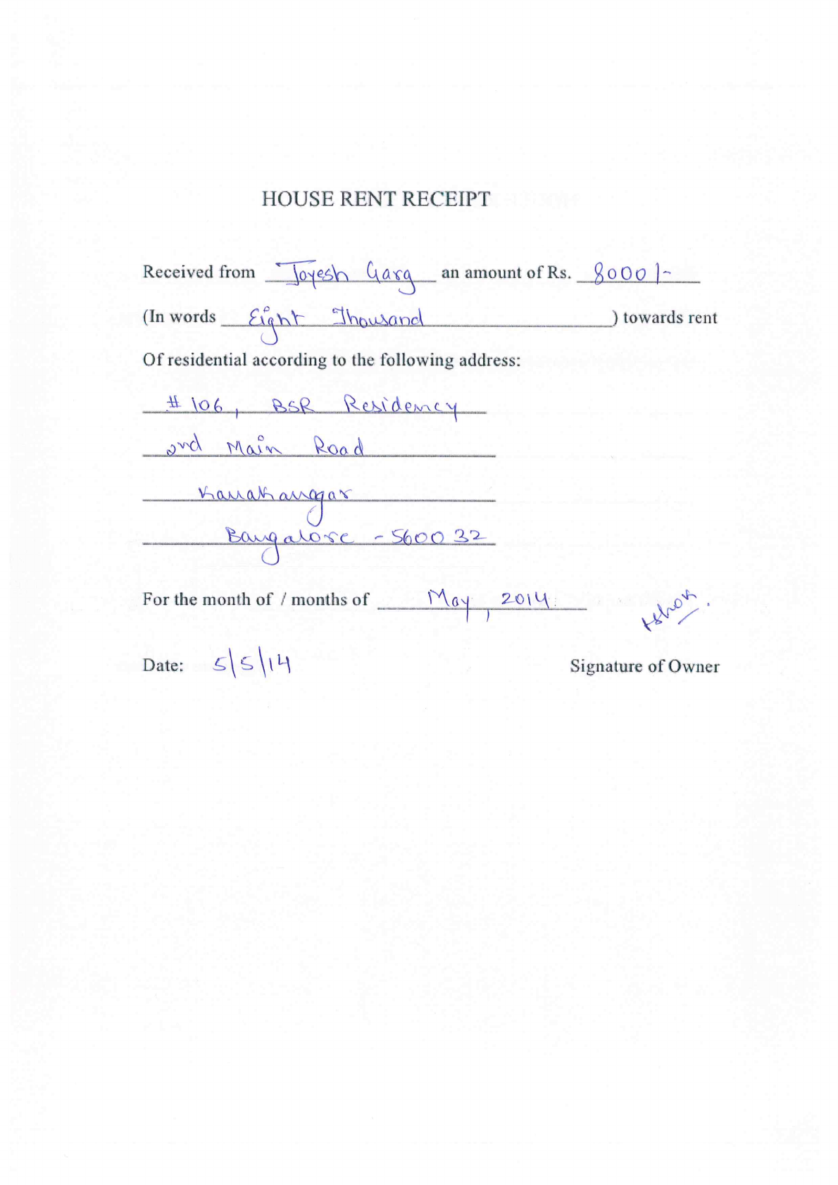 Rent Receipt Format Bangalore Invoice Template