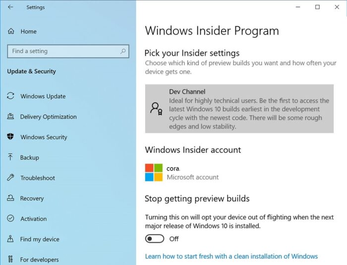 Impostazioni del programma Windows Insider
