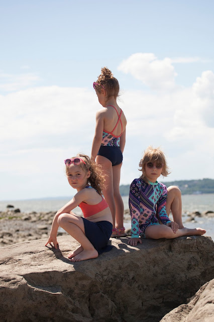 Kids wearing swimsuits made with Jalie sewing patterns