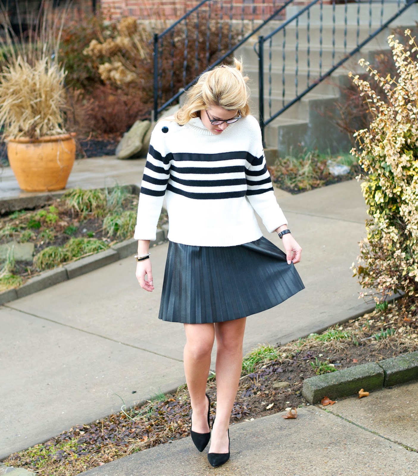 Summer Wind: Striped Sweater + Leather Pleated Skirt