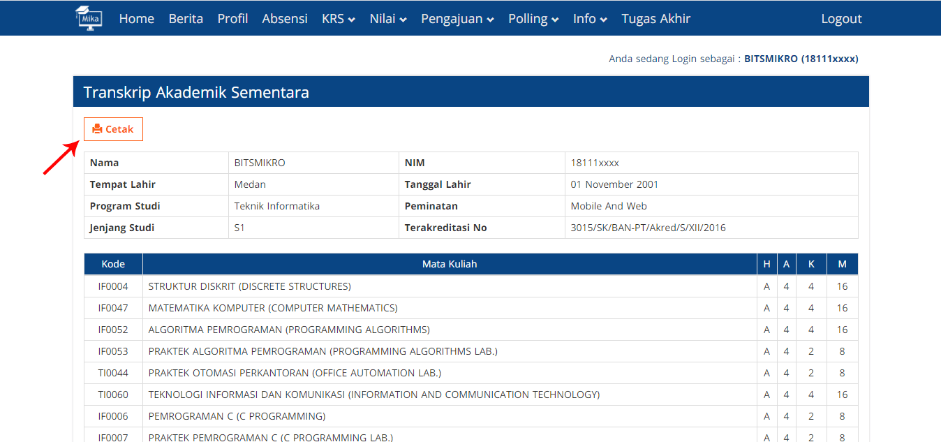 Panduan Mika Cara Mencetak Transkrip Akademik Melalui Mika Bitsmikro