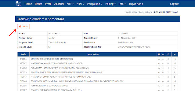 Pilih Opsi Cetak untuk Mengunduh Transkip Akademik