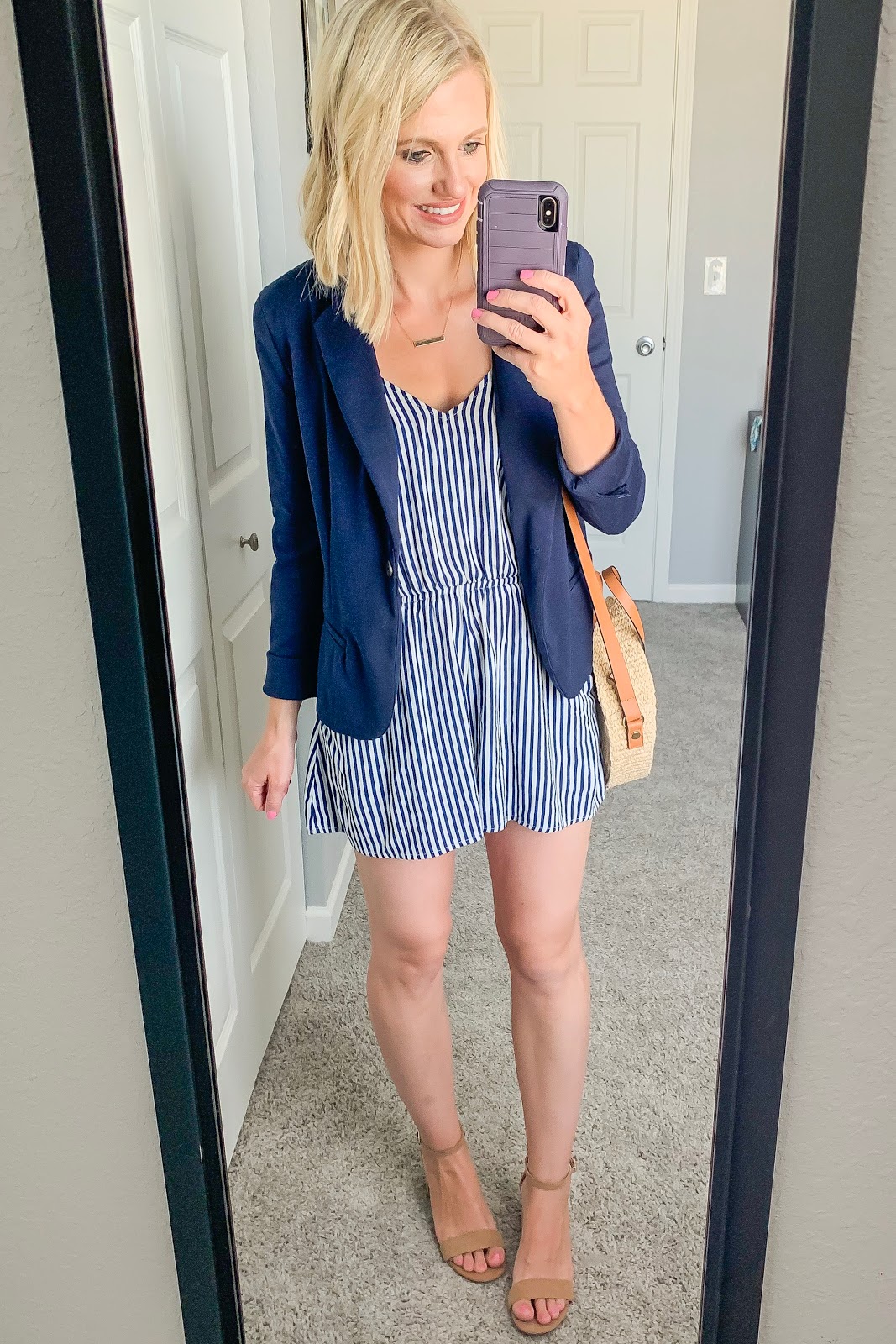 How to Wear a Summer Romper || Striped romper with navy blazer