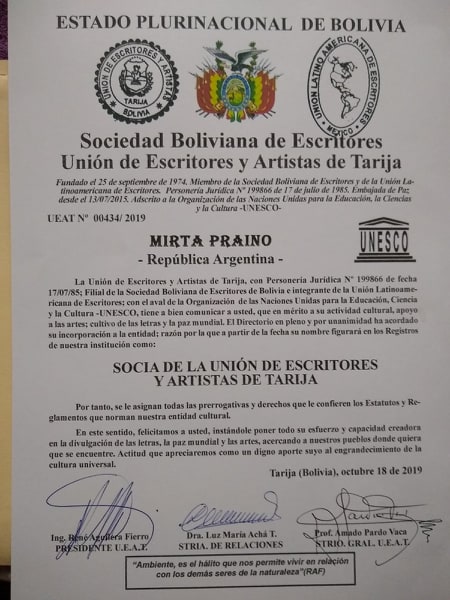 Mirta Praino Socia de la Union de Escritores y Artistas de Tarija Bolivia