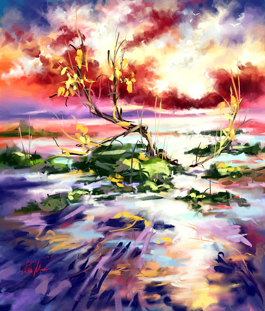 Evening at the beach digital colorful landscape painting by Mikko Tyllinen