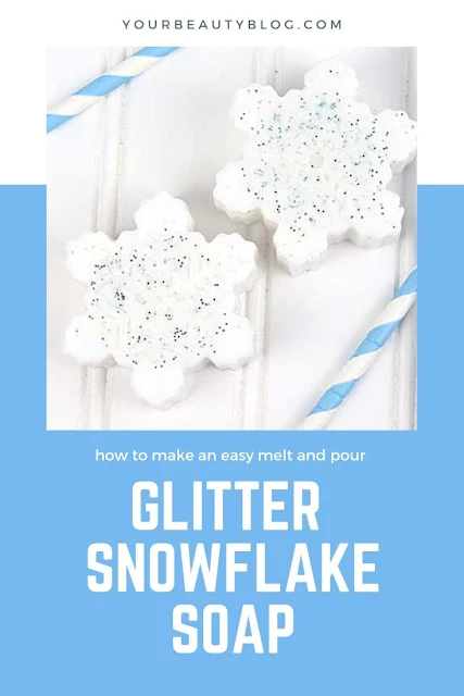 How to make glitter snowflake soap for kids. This easy melt and pour soap is perfect for beginners. Get ideas and recipes for an easy glycerin soap with only a few supplies. Make this soap with essenital oils for a natural soap.  Use goat's milk soap for moisturizing. This DIY tutorials is made without lye. This is a fun gift idea for children and it's inspired by Frozen 2.  #soap #snowflake #meltandpour #giftidea