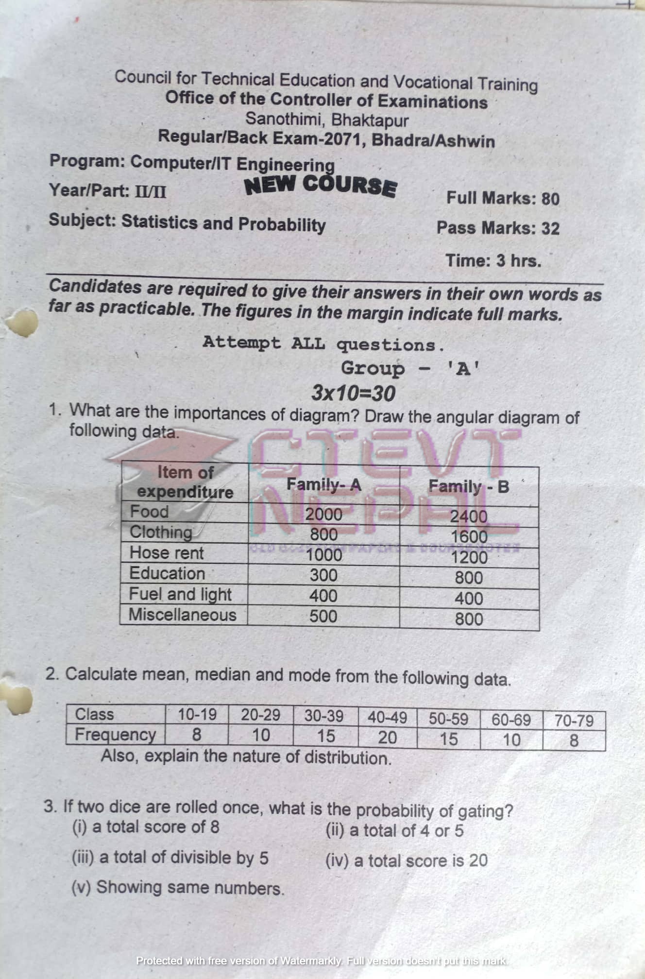 Statistics and Probability - Fourth Semester Questions Papers CTEVT ...