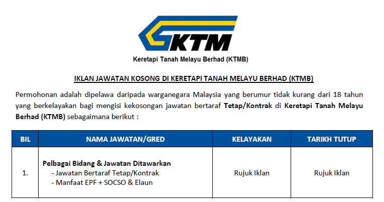 Jawatan kosong ktmb 2022