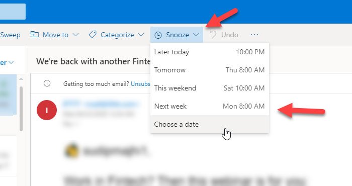 Cómo posponer el correo electrónico en Outlook.com para recibir un recordatorio