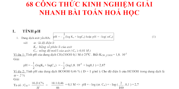 Tổng hợp các công thức giải nhanh trắc nghiệm Hóa học