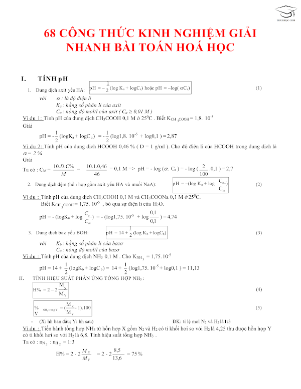 Tổng hợp các công thức giải nhanh trắc nghiệm Hóa học Tổng hợp các công thức giải nhanh trắc nghiệm Hóa học