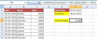 How to SUM values between two dates using SUMIFS Function in Excel