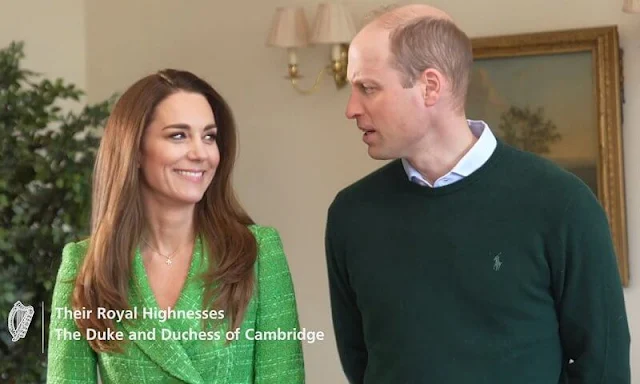 Kate Middleton wore a double breasted textured weave jacket from Zara, and gold mini cupid hoops and necklace by Daniella Draper