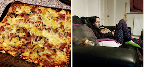 Homemade pizza and my teen sat on the sofa.