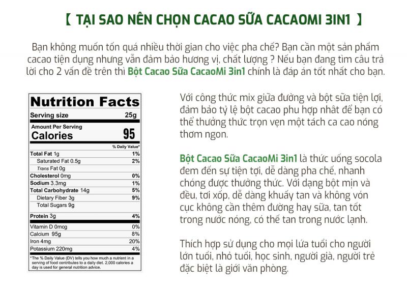 Bột Cacao Sữa Hoà Tan 3in1 Cacaomi - Vị Cacao Nguyên Chất 1kg Bột Cacao Sữa Hoà Tan 3in1 Cacaomi - Vị Cacao Nguyên Chất 1kg