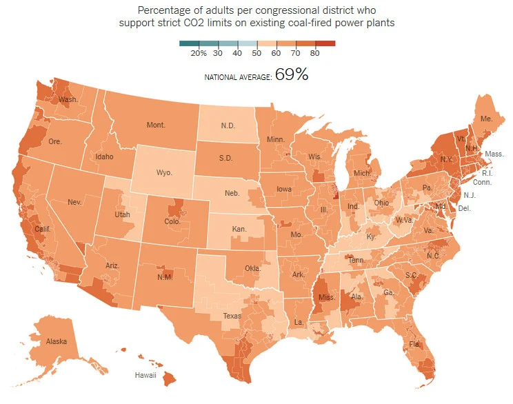 Percentage of adults per congressional district who support strict CO2 limits on existing coal-fired power plants