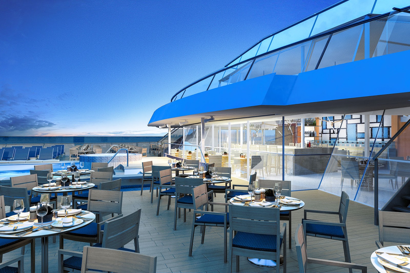 Overlooking the industry's FIRST infinity pool will be Viking's Signature Aquavit Terrace. Photo: ©Viking Cruises.