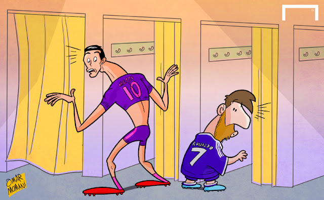 Cristiano Ronaldo and Messi wearing away kits cartoon