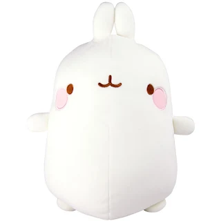 An image of a Molang plush, Molang is a white cartoon style rabbit with large body and small legs, arms and ears. They also have pink cheeks