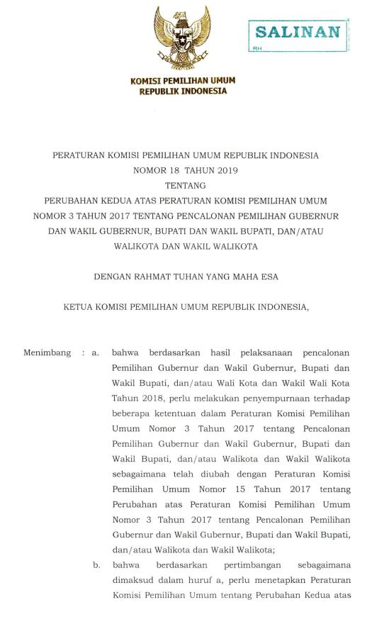 PKPU 18 Tahun 2019 (Peraturan Komisi Umum Republik Indonesia)