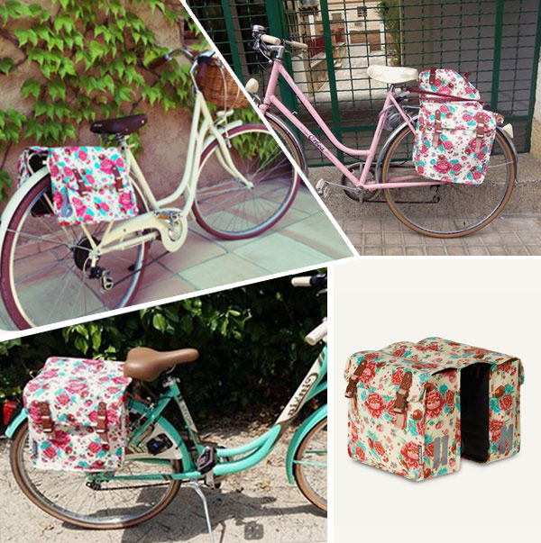 Complementos para bicicletas urbanas: alforjas de flores gardenias blanca.