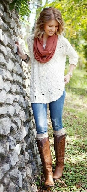 Women's Fashion, Fall Style With White Sweater, Denim And Long Boots ...