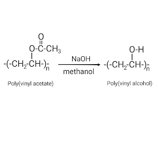 This image shows synthesis of Polyvinyl alcohol from Polyvinyl acetate.