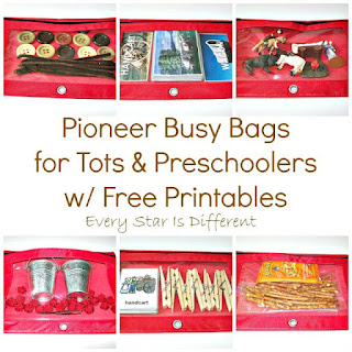 LDS Pioneer Busy Bags for Tots and Preschoolers with Free Printables.