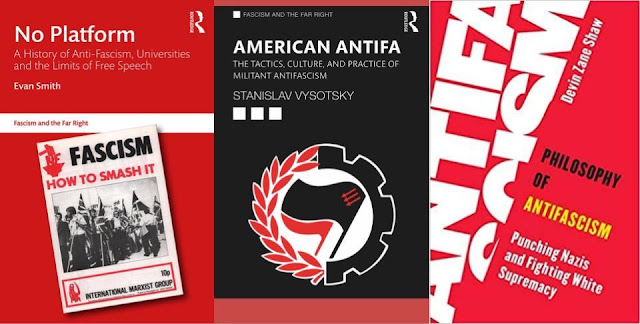 Book covers of No Platform by Evan Smith, American Antifa by Stanislav Vysotsky, and Philosophy of Antifascism by Devin Zane Shaw